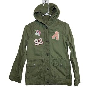 Abercrombie Kids Green Hooded Utility Jacket Unicorn Patch Size 13 14